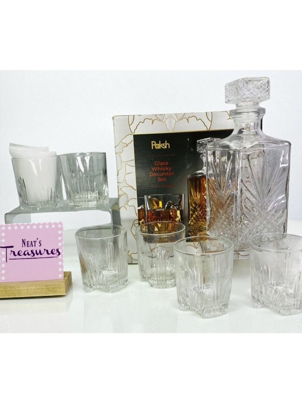 Paksh 7-Piece Italian Crafted Glass Decanter Stopper & Whisky Glasses Set Boxed